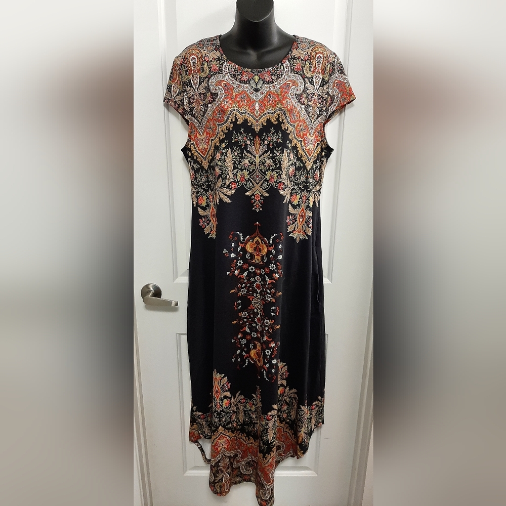 Zolucky Women's XL Long Black Floral Leaves A-Line Dress Stretchy NEW NWT